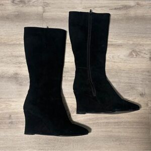 Women's Black Suede Wedge Knee-High Boots